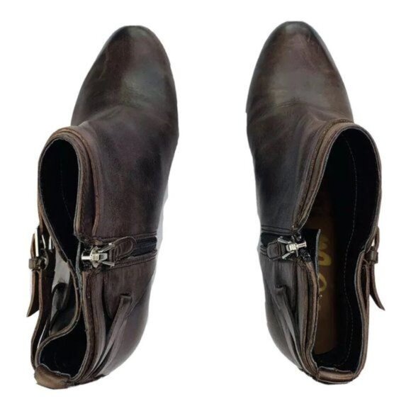 Sam Edelman Maddox Leather Booties Cone Heel 7.5 Ankle Side Zip Buckle Booties - Picture 7 of 9